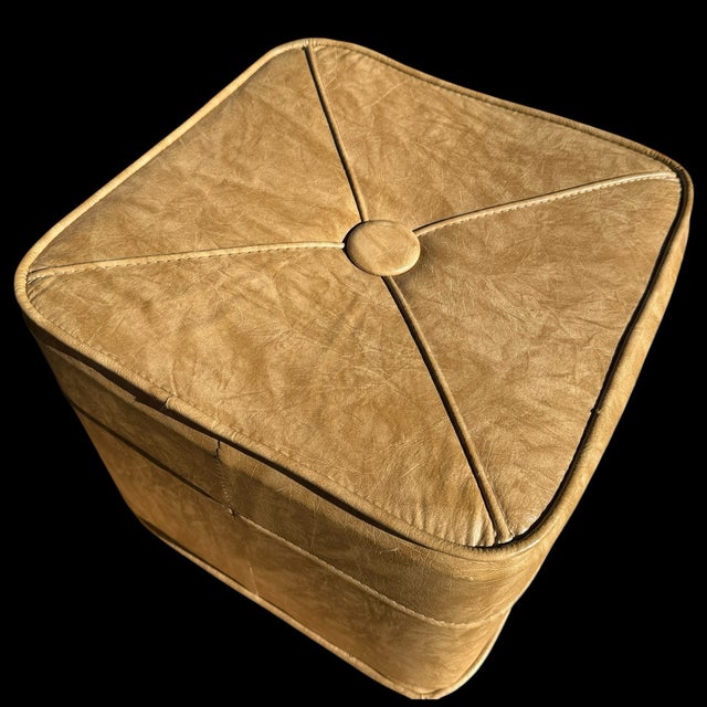 Vintage MCM Cube Square Vinyl Beige Foot Rest Ottoman For Sale - Image 4 of 9