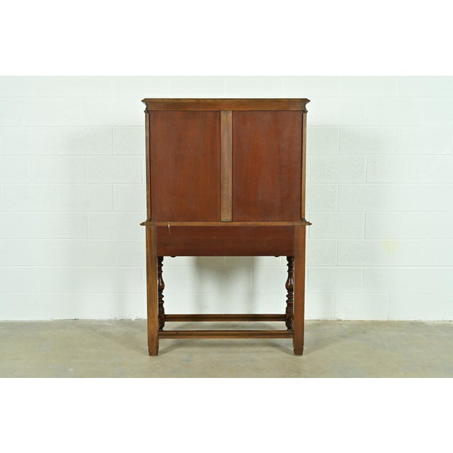 Berkey & Gay Antique English Jacobean Carved Walnut and Burl Wood Bookcase or Bar Cabinet, Circa 1920s For Sale - Image 15 of 16