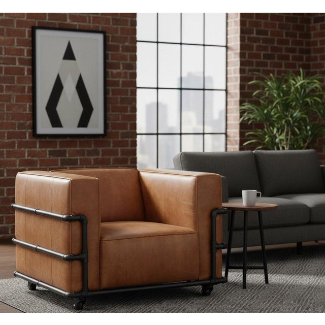 Animal Skin Henry Industrial Modern Leather Arm Chair - Black For Sale - Image 7 of 9