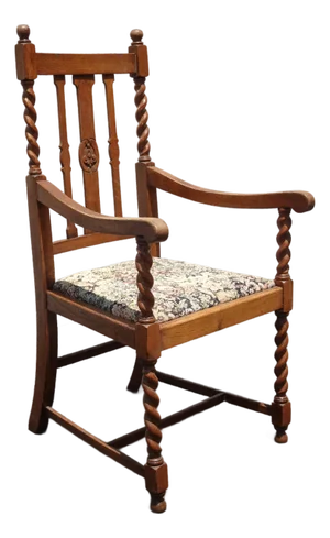 Vintage French Country Brown Barley Twist Arm Chair ~ Floral Seat