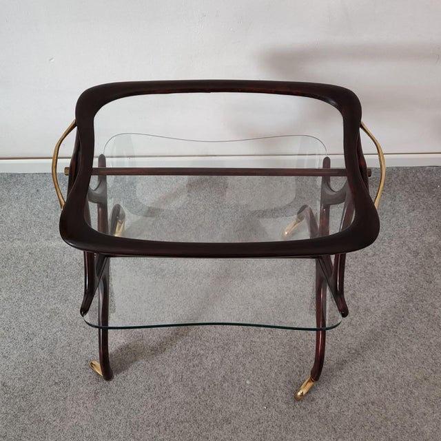 1950s Italian Wood, Glass and Brass Bar Cart With Magazine Rack, Attributed to Cesare Lacca For Sale - Image 11 of 11