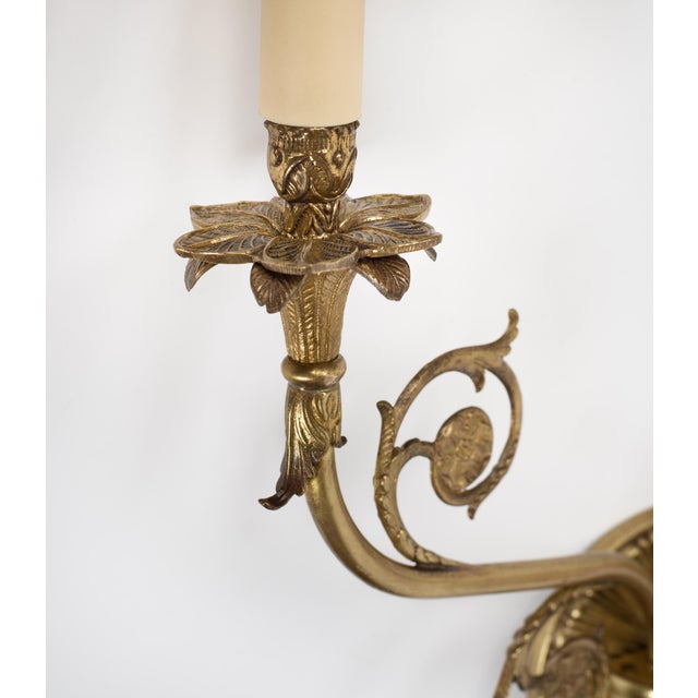 Brass 1950s Spanish French Neoclassical Cast Brass 3-Light Wall Sconce With Floral Rosettes For Sale - Image 8 of 12