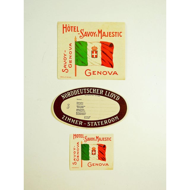 Group of 3 vintage luggage label or tags, circa 1930's. Two from the Hotel Savoy a Majestic Genova Italy large is 5" x...