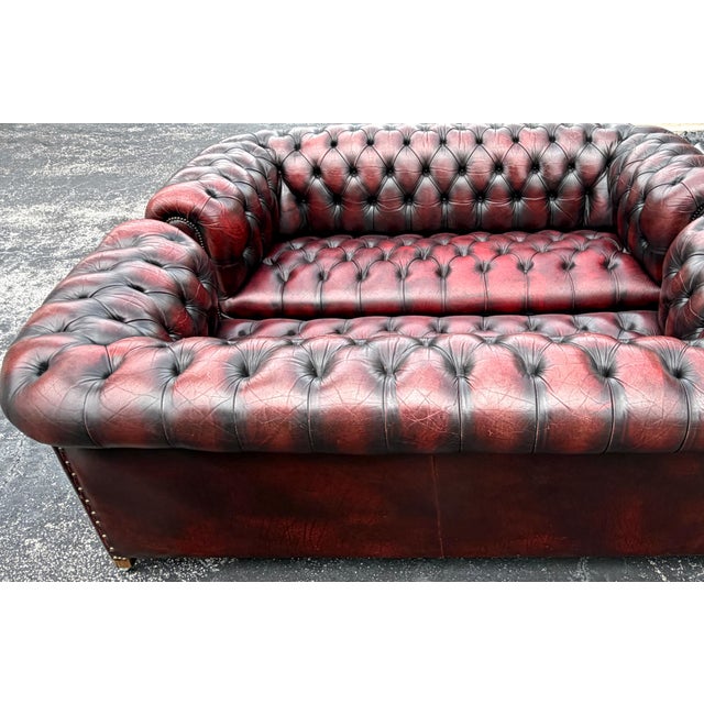 Pair of English Chesterfield Sofas in Burnished Burgundy Leather, Circa 1950s For Sale - Image 9 of 13