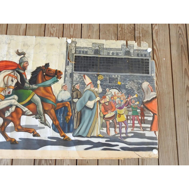 Vintage Mid Century Knights & Horses Procession Mural Painting For Sale - Image 4 of 7