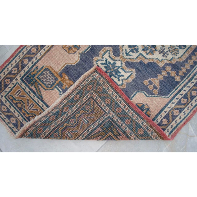 Blue 1970s Hand-Knotted Wool Turkish Rug Doormat Small Rug Entry Decor - 1'12" X 4'2" For Sale - Image 8 of 8