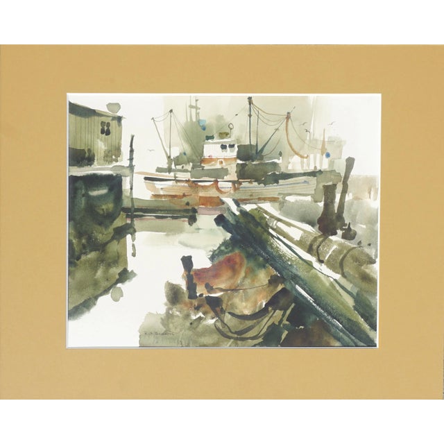 Watercolor of boats anchored in a harbor by Ritchie Allen Benson (American, 1941-1996). This piece is signed "R. A....