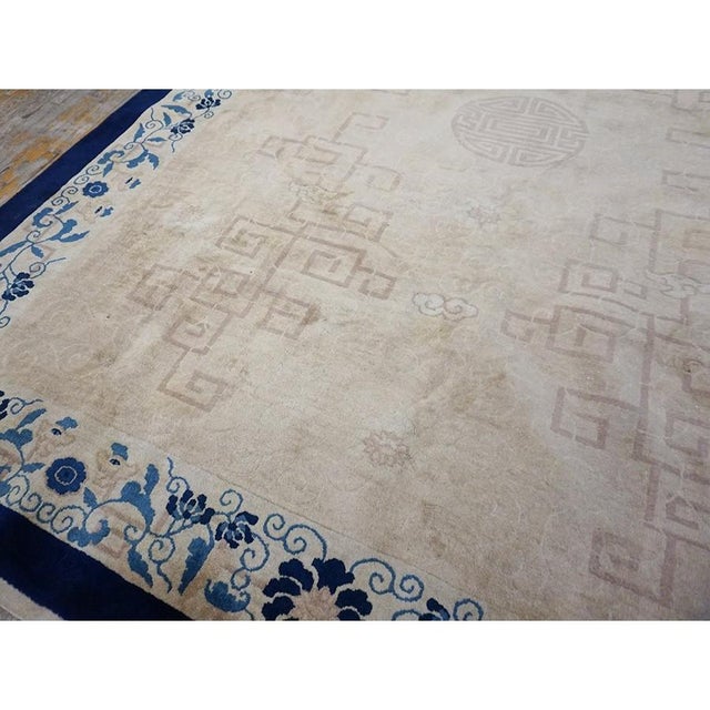 Chinese 1930s Beige Open Field Light Blue Floral Shou Symbols Antique Chinese Peking Rug For Sale - Image 3 of 10
