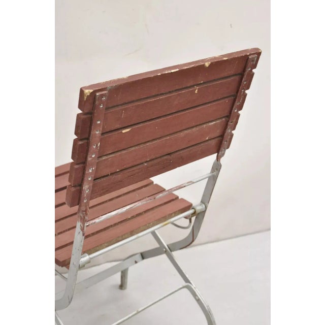 Late 20th Century French Country Style Wood Slat Iron Frame Folding Garden Chairs - Set of 4 For Sale - Image 9 of 12