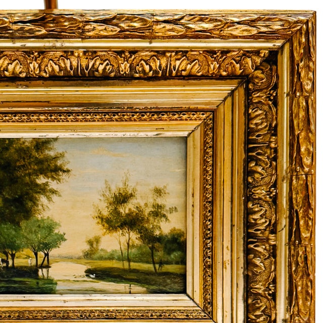 19th Century European Landscape Oil on Board Painting With Ornate Frame and Light For Sale - Image 9 of 14