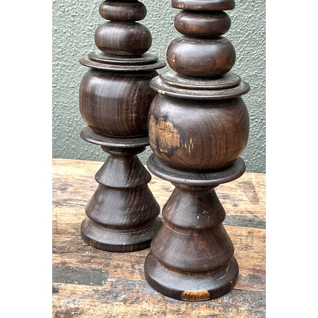 Coffee Vintage Turned Wood Candlesticks - A Pair For Sale - Image 8 of 12
