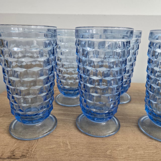 Vintage Indiana Glass Colony Whitehall Cubist Ice Blue Tumblers 6" - Set of 8 For Sale In Minneapolis - Image 6 of 7