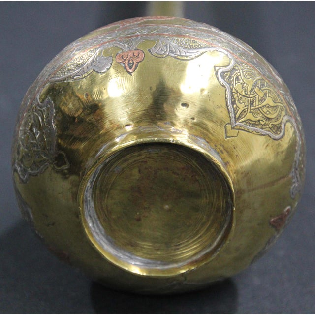 Antique Islamic Persian Revival Brass Vase with Silver & Copper Inlay 19th C For Sale In Palm Springs - Image 6 of 17