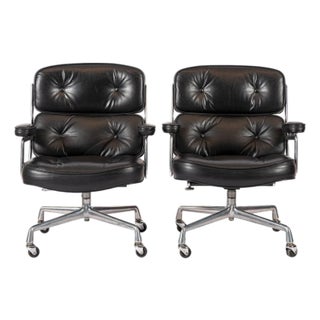 Pair Eames Herman Miller Time Life Black Leather Office Chairs 1980s For Sale
