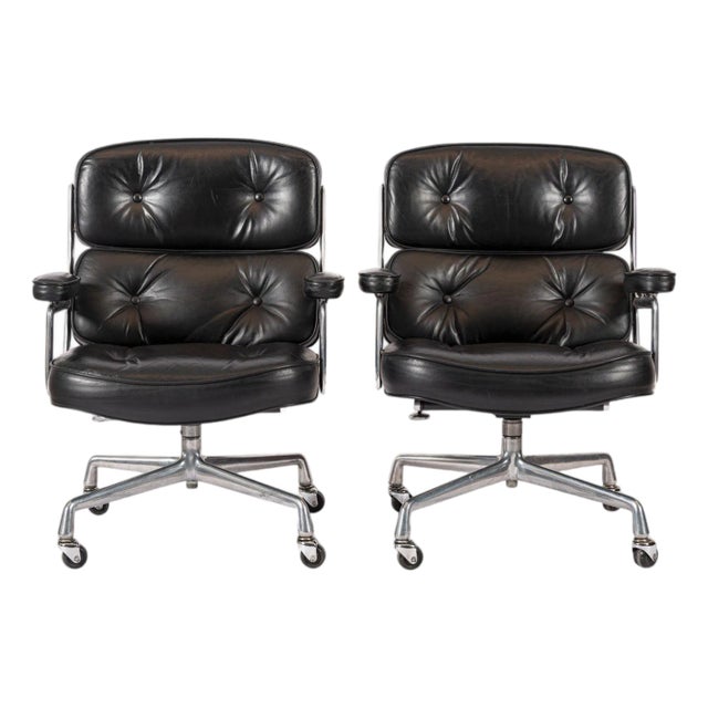 Pair Eames Herman Miller Time Life Black Leather Office Chairs 1980s For Sale
