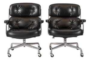 Pair Eames Herman Miller Time Life Black Leather Office Chairs 1980s