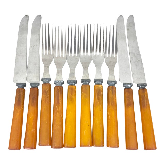 Vintage 1940’s Bakelite Handled Forks and Knives-Set of 10 For Sale