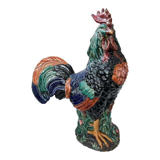 Large French Polychromed Ceramic Rooster in the Manner of Choisy-Le-Roi For Sale