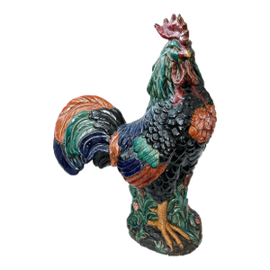 Large French Polychromed Ceramic Rooster in the Manner of Choisy-Le-Roi