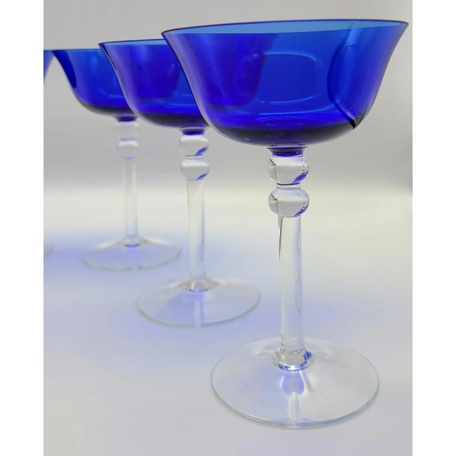 Vintage 1940s Deco Cobalt Sapphire Blue Martini Coup Glasses -Set of 6 For Sale - Image 4 of 11