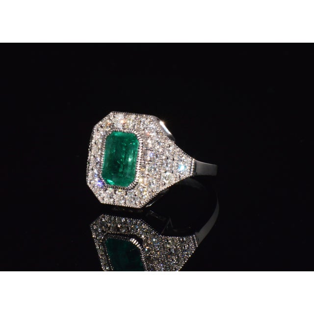 Mid-Century Modern Gia Certified 3.98ct Natural Zambian Emerald & Diamond Tiered Halo Milgrain 18k White Gold Ring, Size 6.5 For Sale - Image 3 of 16