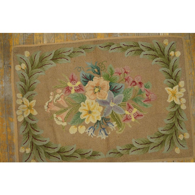 American 1930s Tan Taupe Floral Folk Art Antique American Hooked Rug 2'3" X 3'1" Handknotted Wool Carpet For Sale - Image 3 of 5
