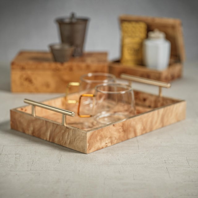 Leiden Burl Wood Rectangular Tray with Gold Handles- 13" x 9.5" x 2.5"
