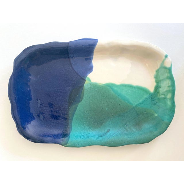 Ceramic Contemporary Organic Modernist Vintage 1997 Studio Pottery Drip Glaze Colorblock Artisan Ceramic Serving Platter For Sale - Image 7 of 13
