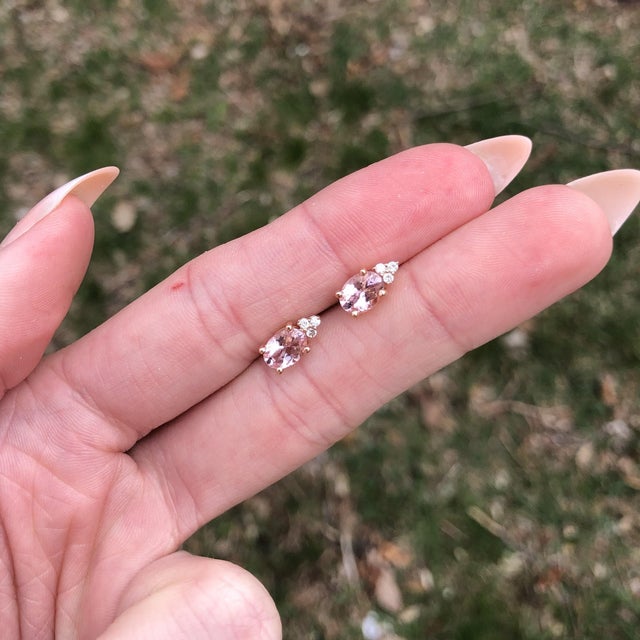 Modern 2.4ct Pink Morganite and Diamond Earring Studs: Solid 14k Gold, , A Pair For Sale - Image 3 of 7