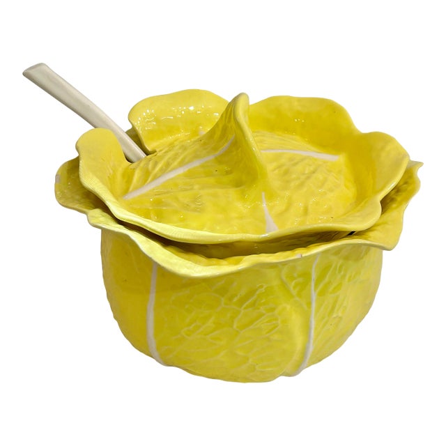 Mid 20th Century Italian Large Yellow Majolica Cabbage Ware Tureen With Lid and Ladle For Sale