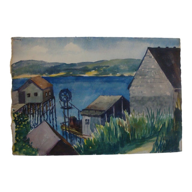 1940s Nautical Watercolor Painting Harbor Docks New England Artist For Sale