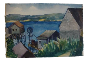 1940s Nautical Watercolor Painting Harbor Docks New England Artist
