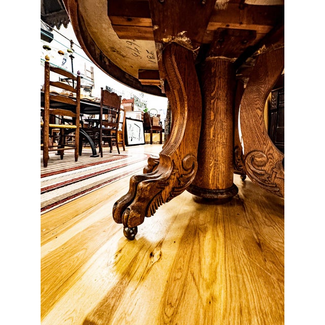 Brown Early 20th Century Solid Oak Clawfoot Dining Table With Four Leaves For Sale - Image 8 of 18