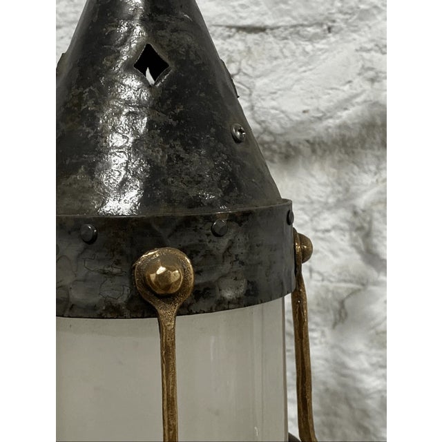Industrial Vintage Industrial Style Hammered Metal & Frosted Glass Pendant Lantern For Sale - Image 3 of 7