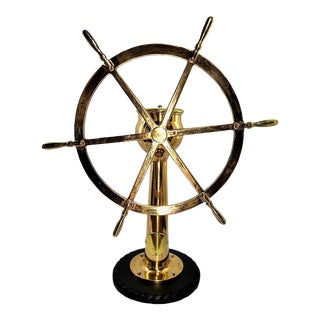 Six Spoke Solid Brass Ships Wheel on Stand For Sale