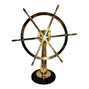Six Spoke Solid Brass Ships Wheel on Stand