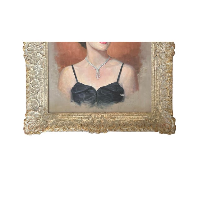 Mid-Century Modern Vintage Mid Century/ Regency Original Society Oil Portrait on Canvas of Socialite Doris Campbell by Listed Artist Victor Lallier in Gilt Wood Frame For Sale - Image 3 of 10
