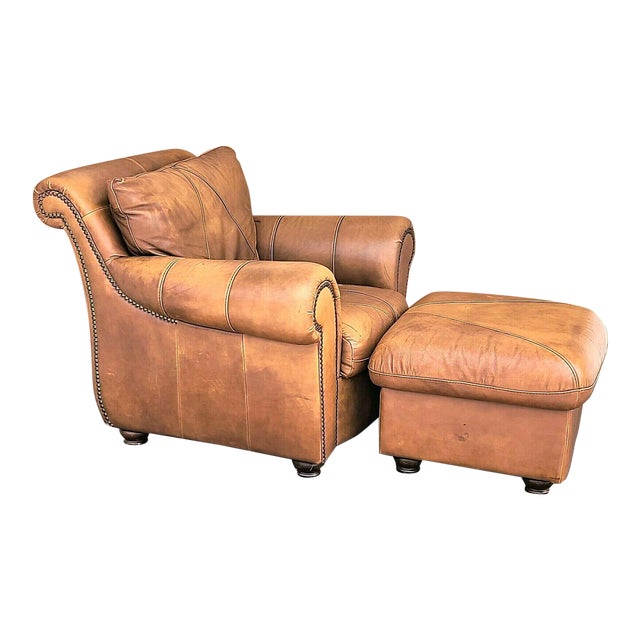 Mid Century Modern Italian Leather Club Chair With Ottoman by Soft Line
