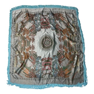 1990s Chinese Silk Brocade Scarf Piano Shawl Pagoda Mandala Center Fringe For Sale