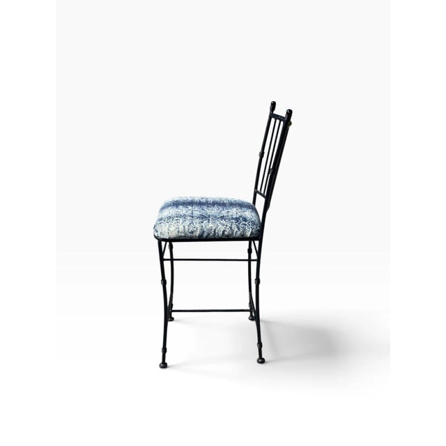 Faux Bamboo Wrought Iron Counter Stool | Spindle Back & Blue Damask Seat | Sold Individually, 5 Available For Sale - Image 6 of 12
