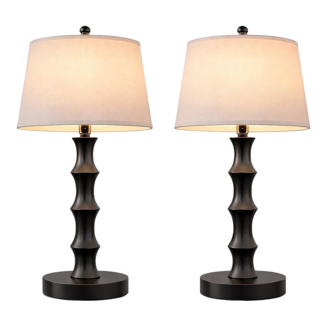 Late 20th Century Mid-Century Style Turned Wood Table Lamps in Matte Black With Linen Shades - a Pair For Sale