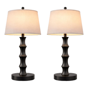 Late 20th Century Mid-Century Style Turned Wood Table Lamps in Matte Black With Linen Shades - a Pair