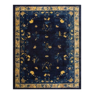 1920s Blue Navy Floral Antique Chinese Peking Rug 9' X 11'6'' Handknotted Wool Carpet For Sale
