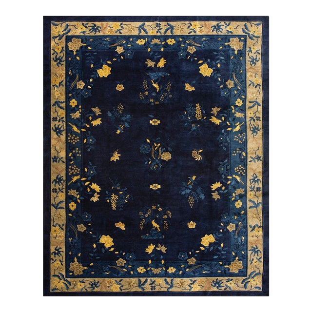 1920s Blue Navy Floral Antique Chinese Peking Rug 9' X 11'6'' Handknotted Wool Carpet For Sale
