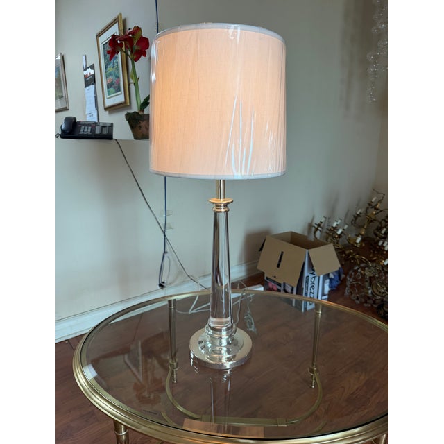 Brass-Plated Polished Nickel & Lucite Table Lamp For Sale - Image 4 of 4