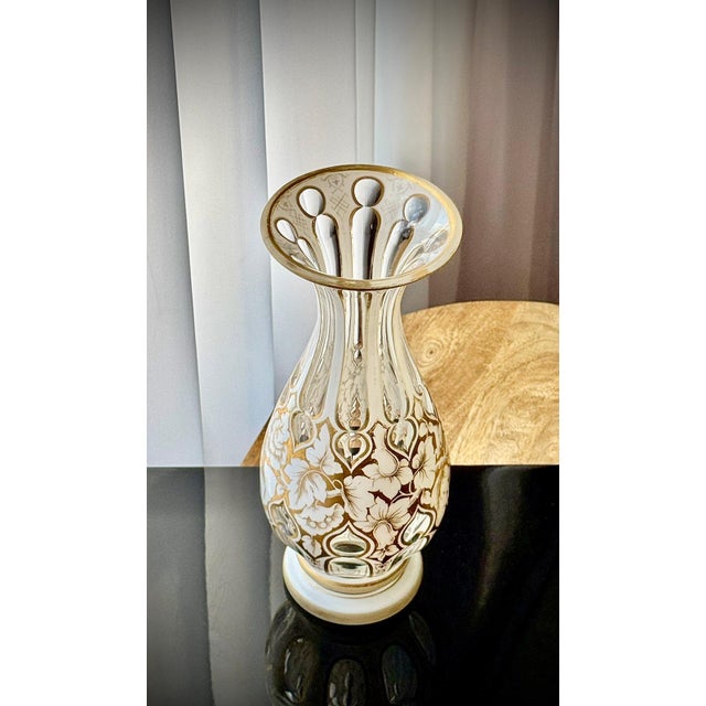 Antique Bohemian White Overlay Gilded Glass Vase, 1800s For Sale - Image 16 of 18