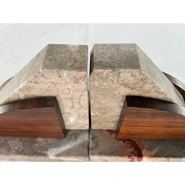 Greige Pair of Antique Art Deco French Marble and Rosewood Bookends For Sale - Image 8 of 10