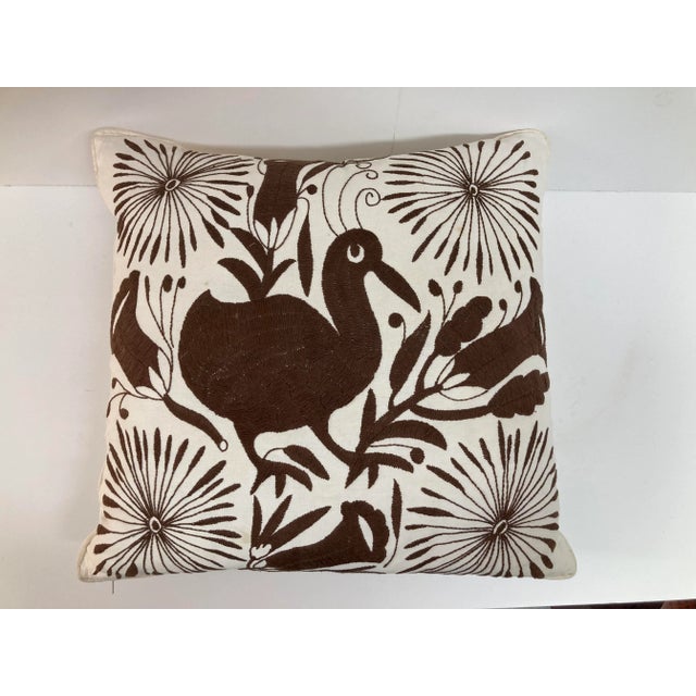 Textile Crewel Work Hand Embroidered Brown Bird Toss Pillow-1 For Sale - Image 7 of 10