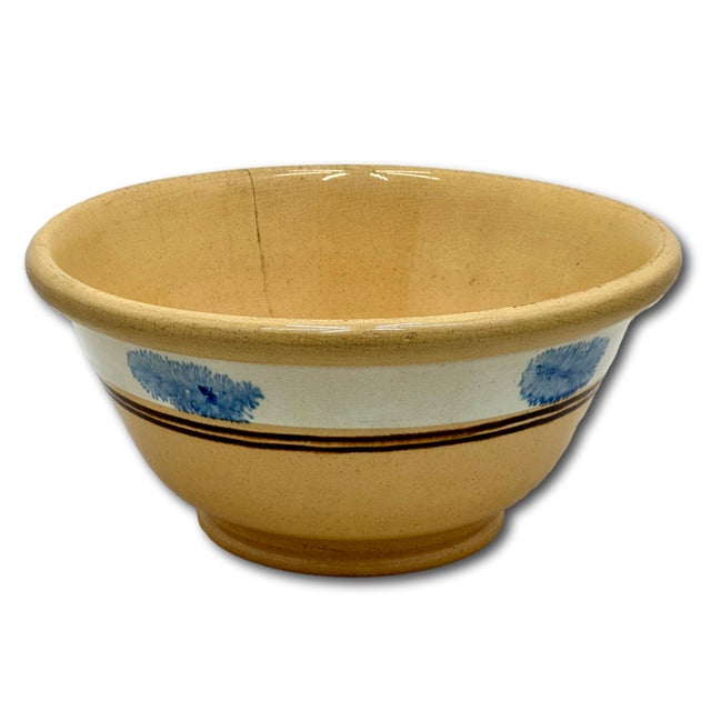 English Nice Antique English Blue Seaweed Decorated & Banded Yellow Ware Kitchen Mixing Bowl - Circa Mid 19th Century For Sale - Image 3 of 18