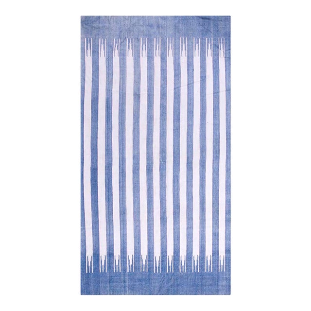 1930s White Blue Stripe Modern Antique Indian Cotton Dhurrie Carpet 5'10" X 10'9" Flatweave Rug For Sale